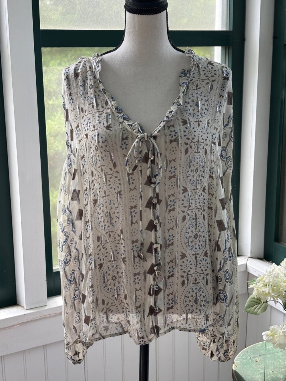 Zara Boho Block Print Blouse | Ivory Multi | Metallic Stripe & Beaded Tie | Size
